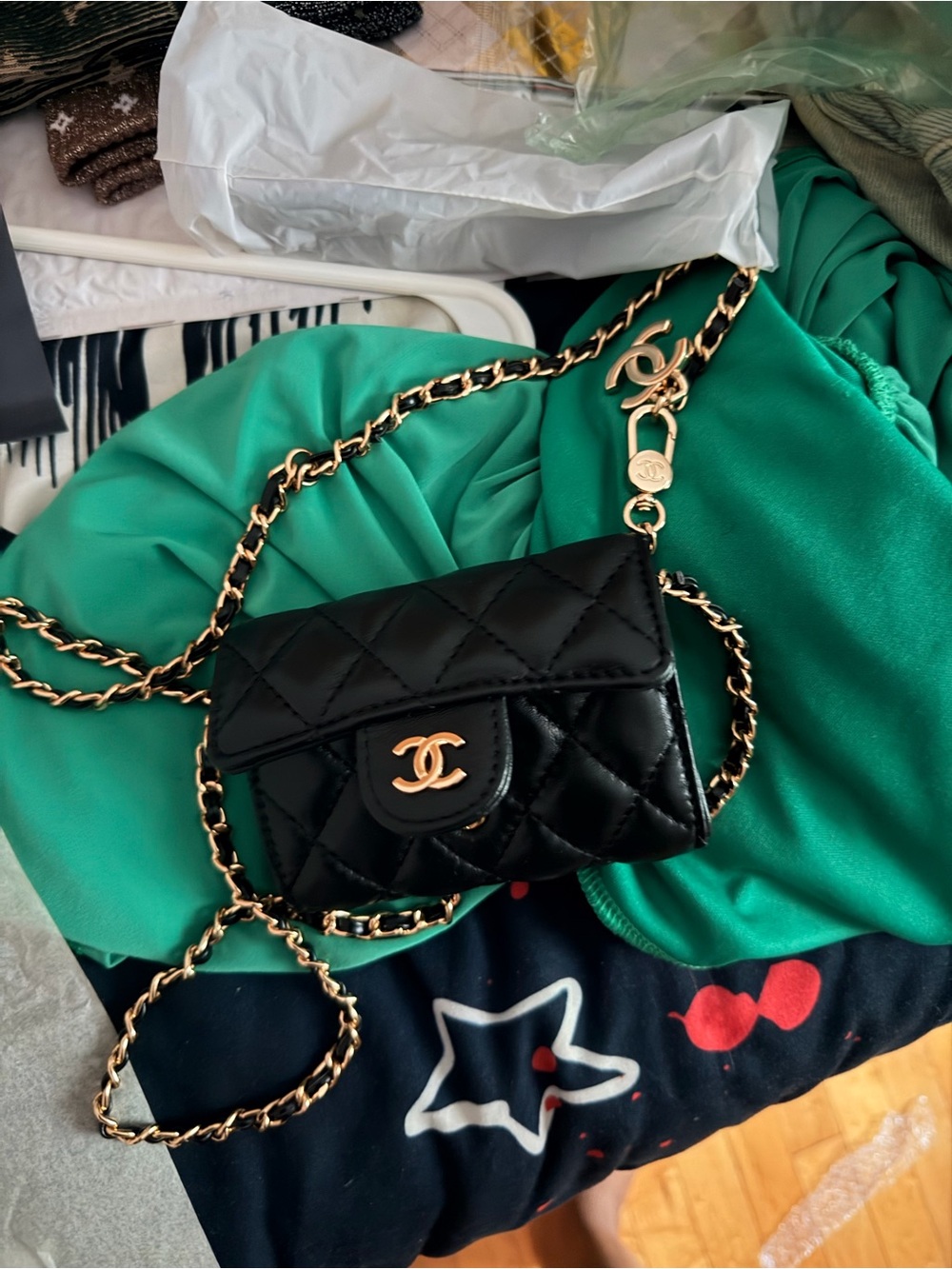 CHANEL Black Quilted Leather CC Logo Chain CardHolder Wallet